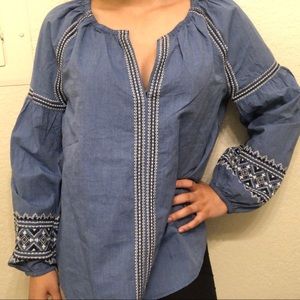 GAP V-Neck Embroidered Boho Chambray Top